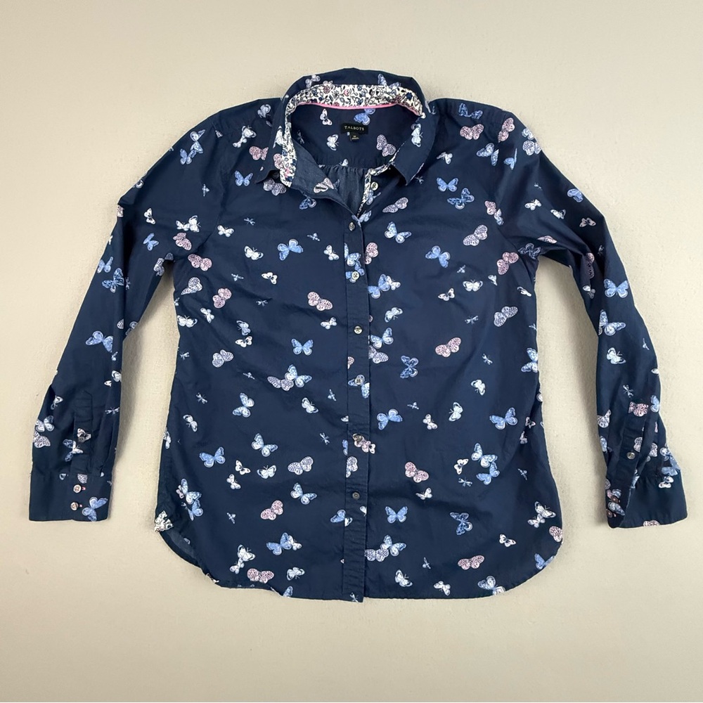 Talbots Shirt Women's Medium Long Sleeve Button Down Floral Butterfly Print Top‎